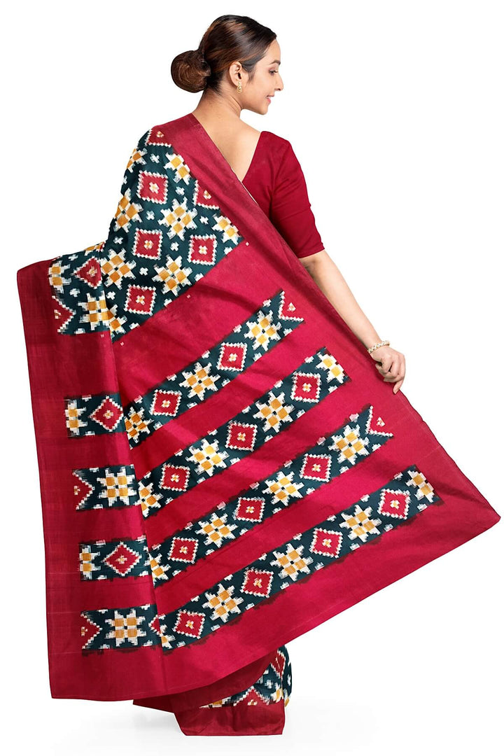Handwoven double ikkat telia  pure cotton saree in green