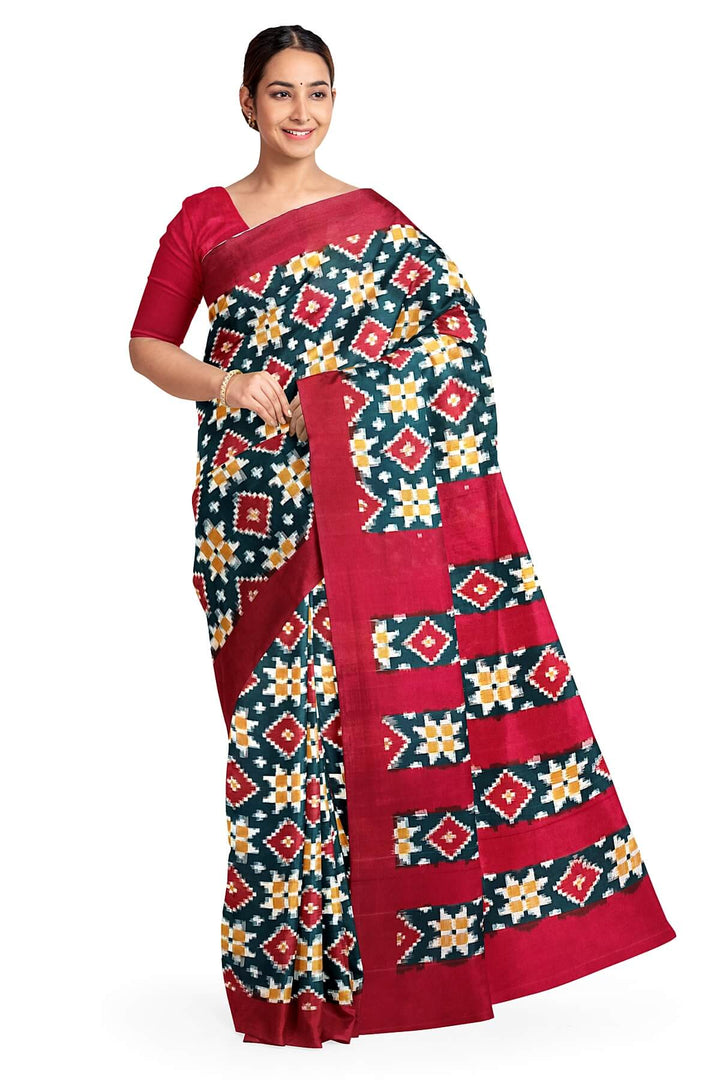 Handwoven double ikkat telia  pure cotton saree in green