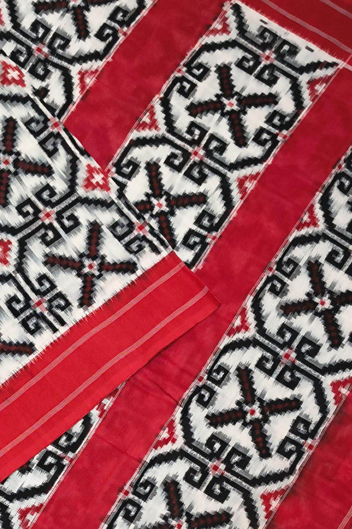 Hand woven double ikkat telia pure cotton saree in off white