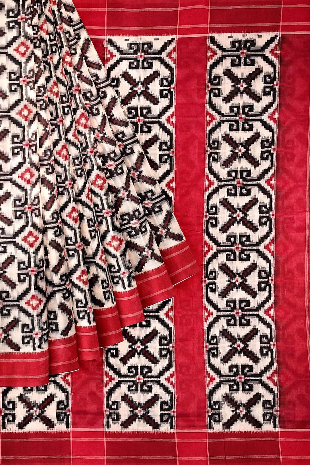 Hand woven double ikkat telia pure cotton saree in off white