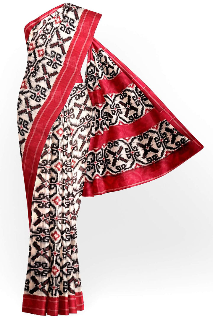 Hand woven double ikkat telia pure cotton saree in off white