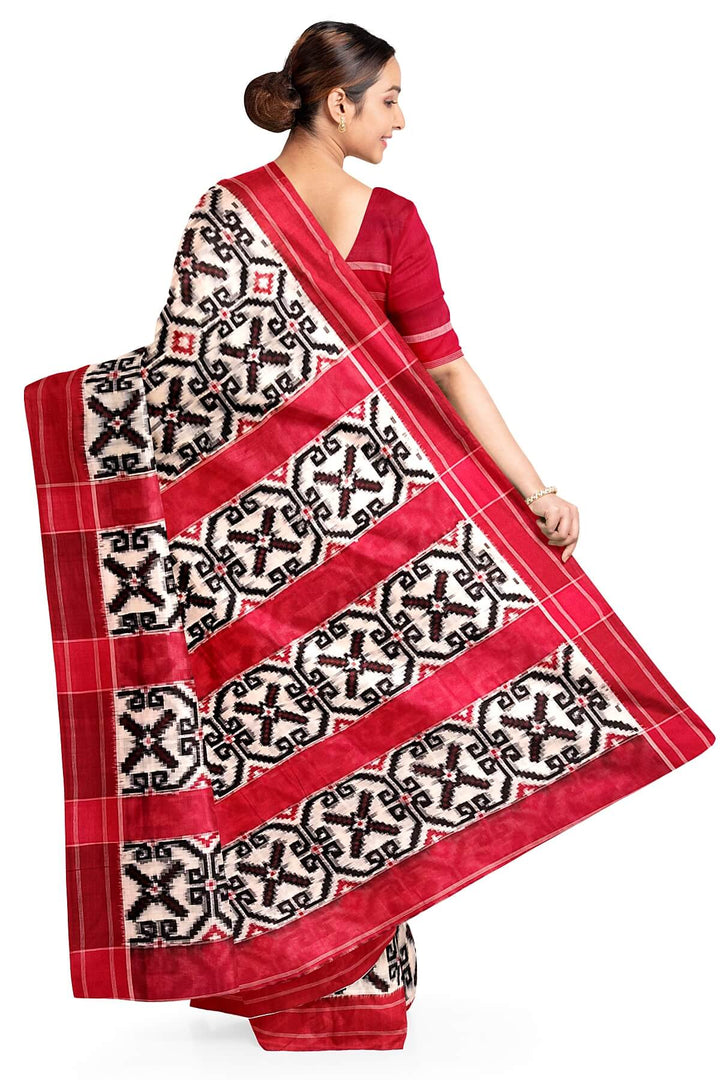 Hand woven double ikkat telia pure cotton saree in off white