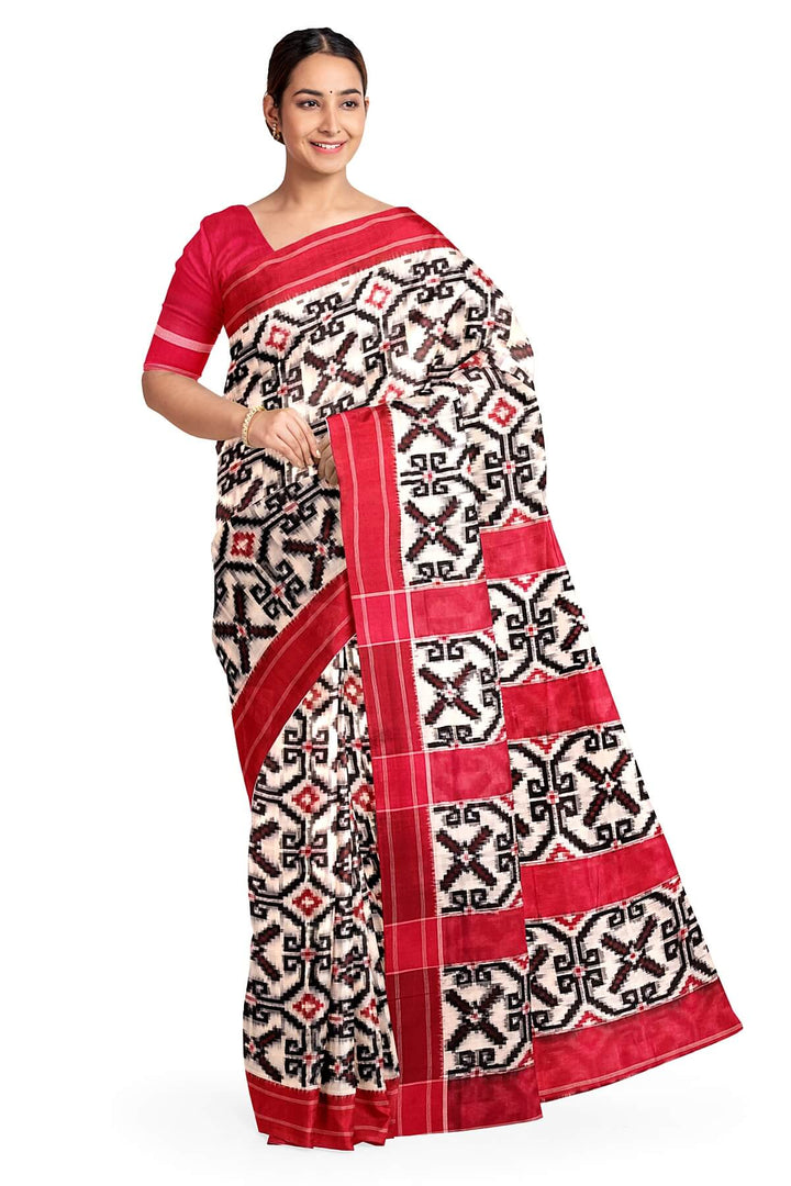 Hand woven double ikkat telia pure cotton saree in off white