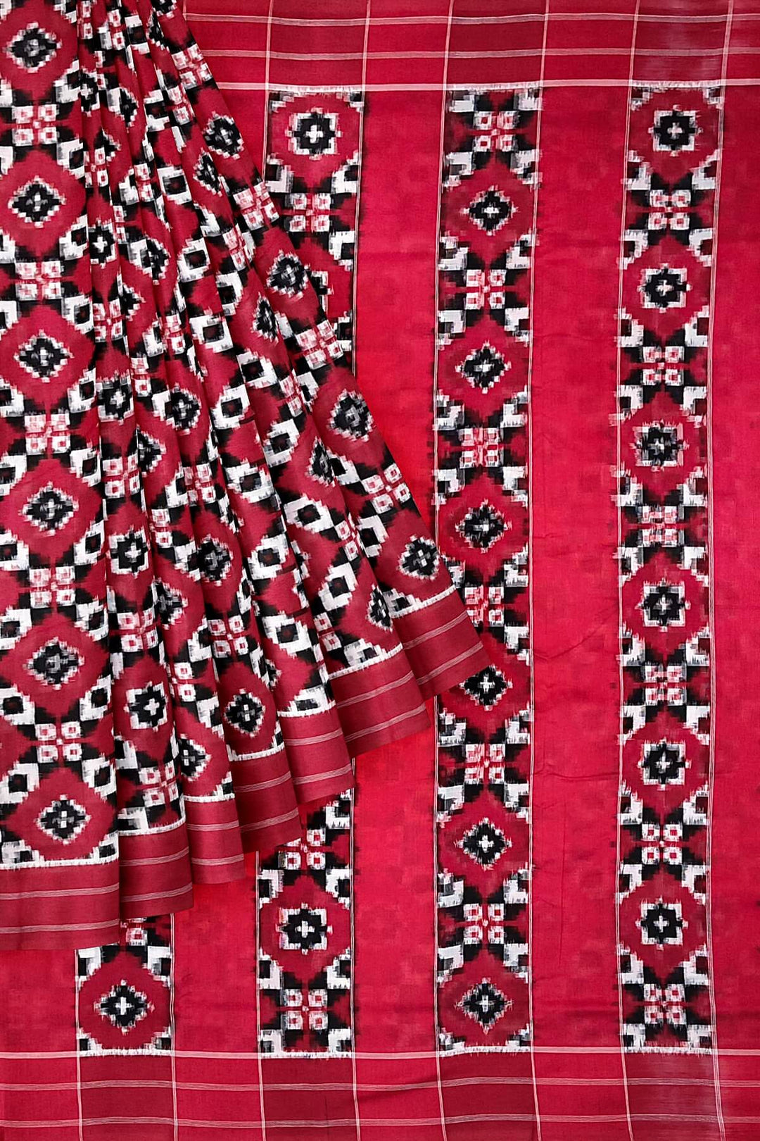 handwoven double ikkat telia  pure cotton saree in red