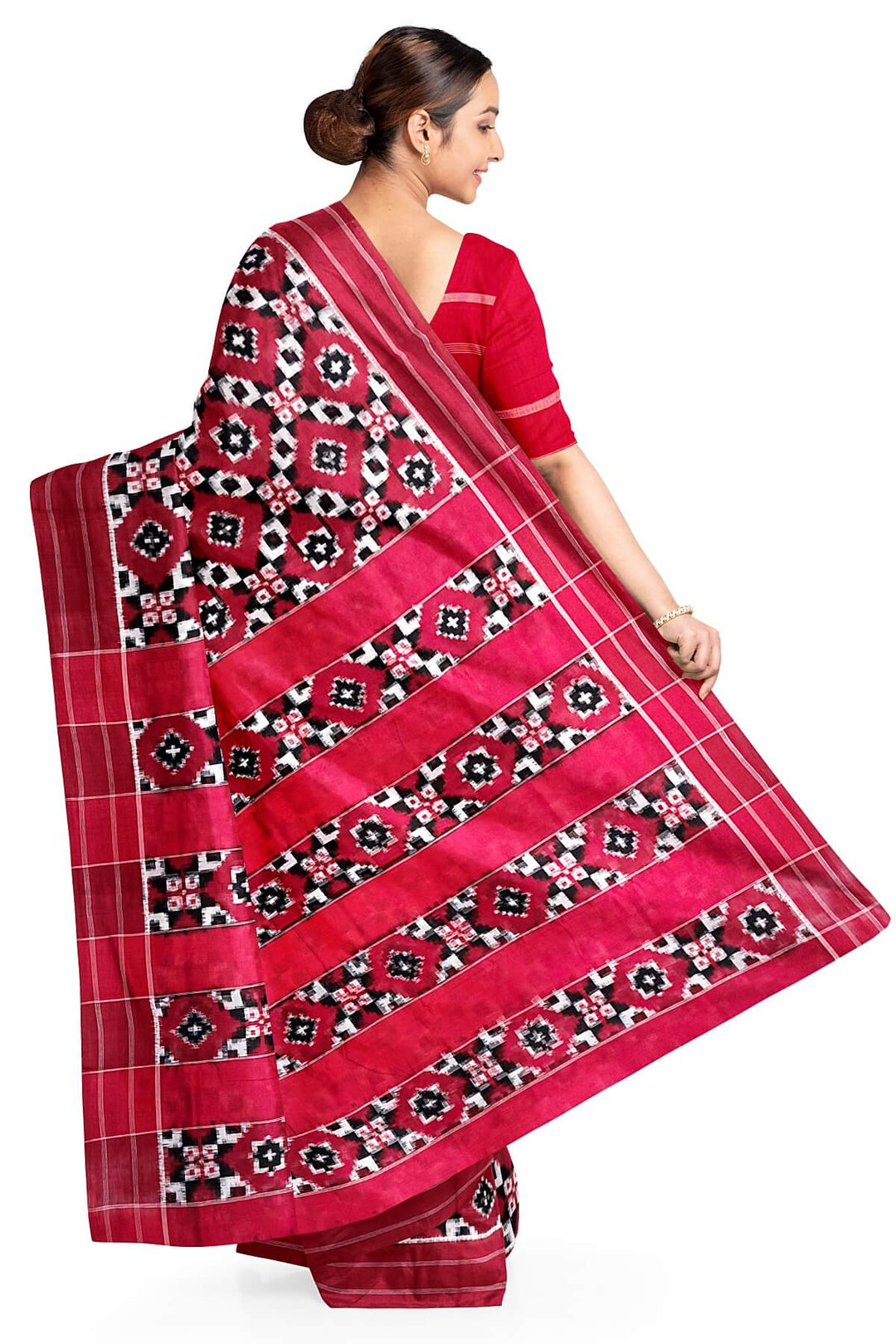 handwoven double ikkat telia  pure cotton saree in red