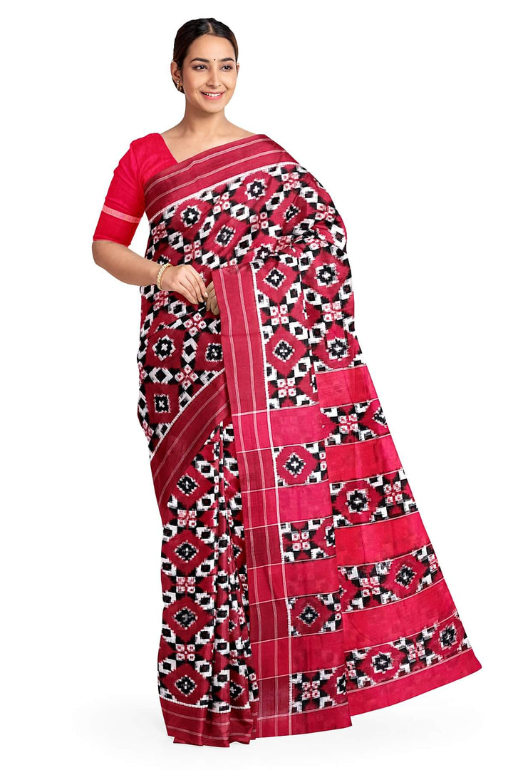 handwoven double ikkat telia  pure cotton saree in red