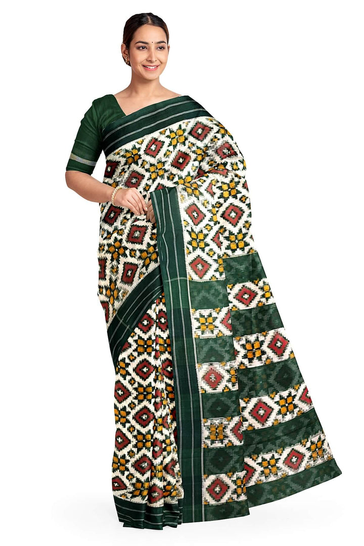 Handwoven double ikkat telia  pure cotton saree in off white