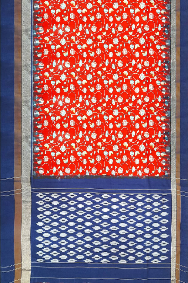 Ikat pure silk floral printed red saree  with lotus vines.