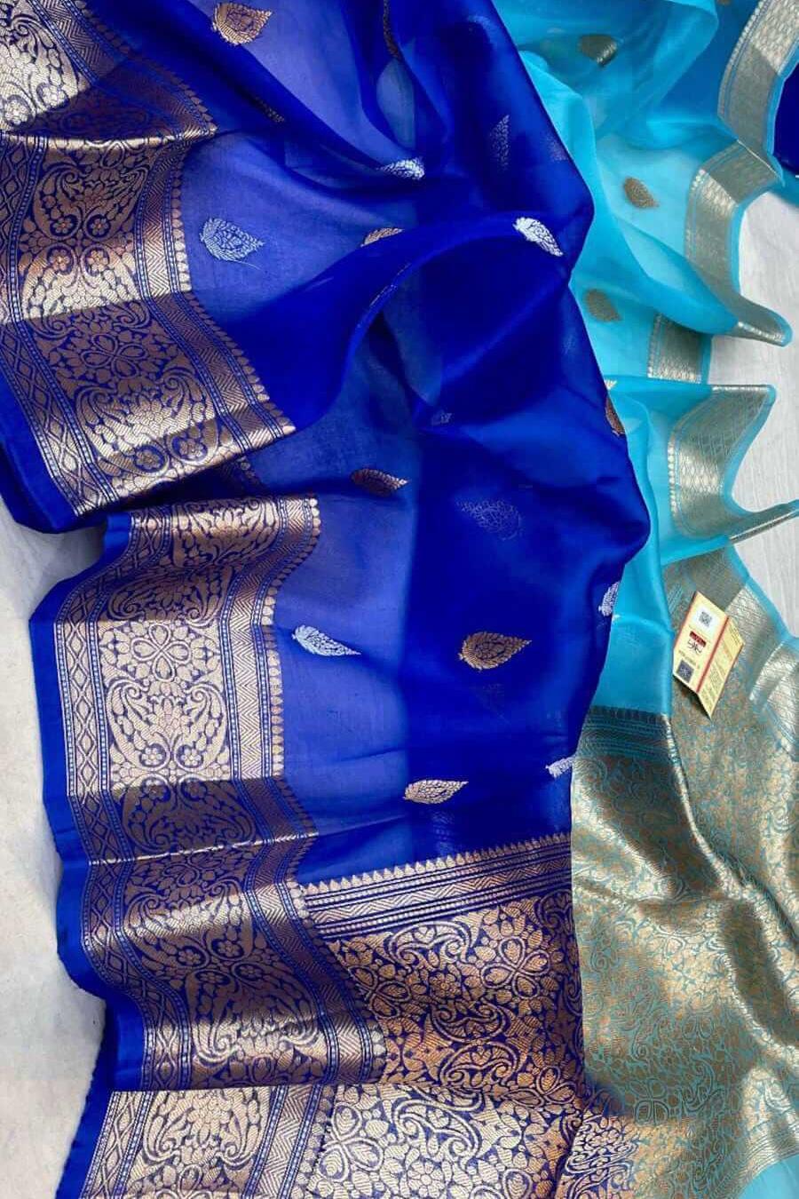 Banarasi kora (organza)  silk saree in  royal blue & light blue with motifs