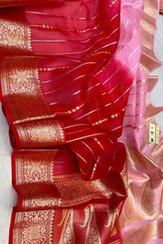 Banarasi kora (organza)  silk saree in  red & baby pink with motifs