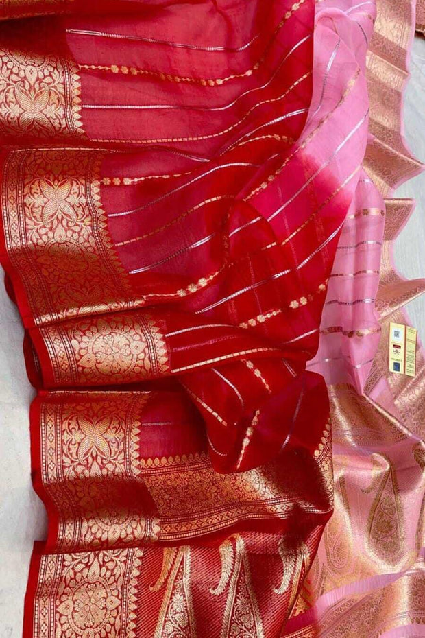 Banarasi kora (organza)  silk saree in  red & baby pink with motifs