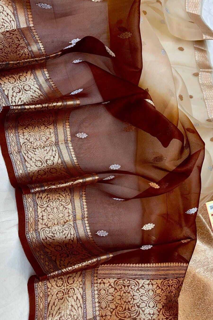 Banarasi kora (organza)  silk saree in  brown & beige with motifs
