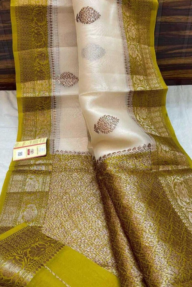 Banarasi kora ( organza) silk saree in off white with motifs
