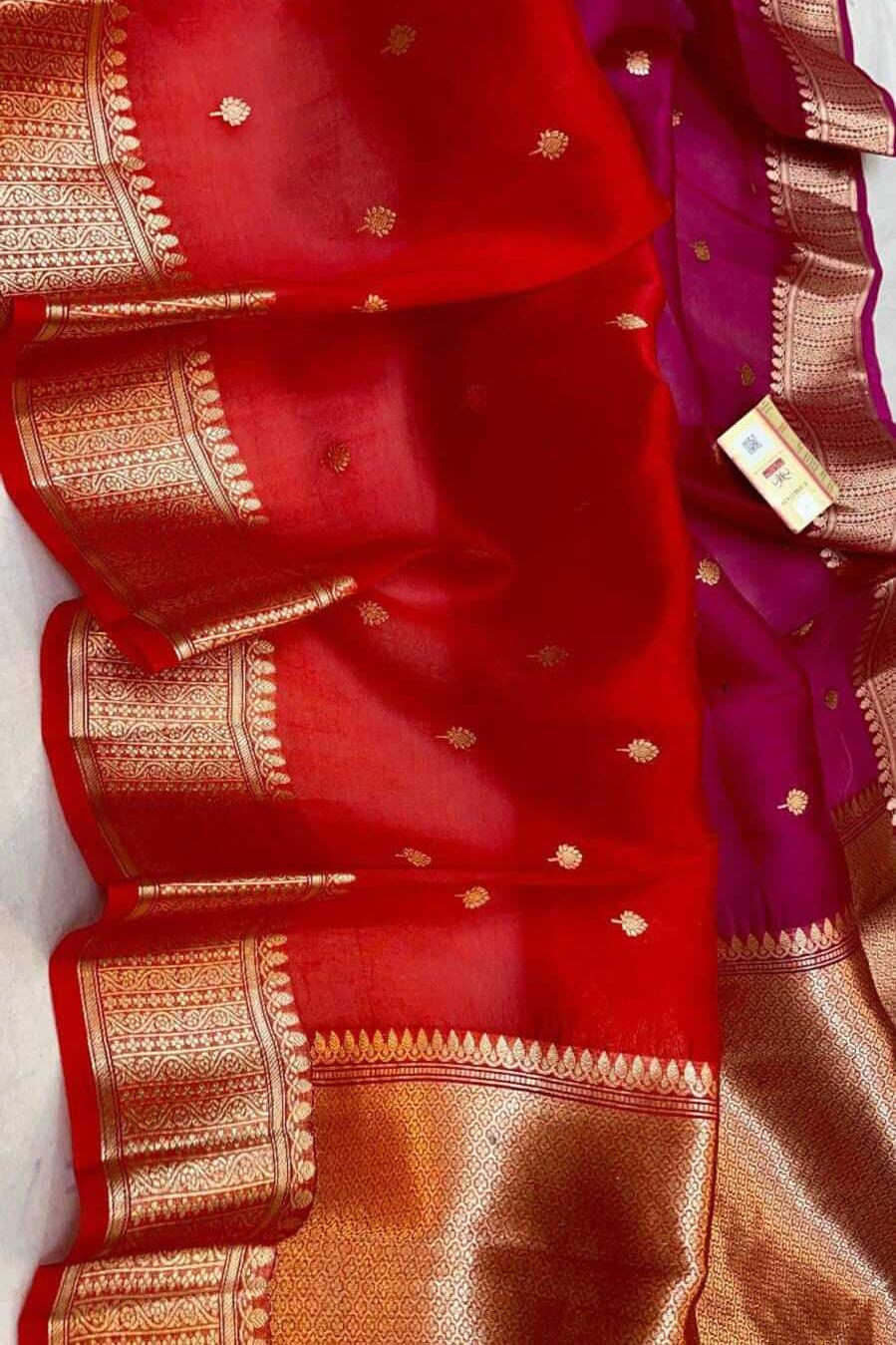 Banarasi kora (organza)  silk saree in  red & magenta with motifs