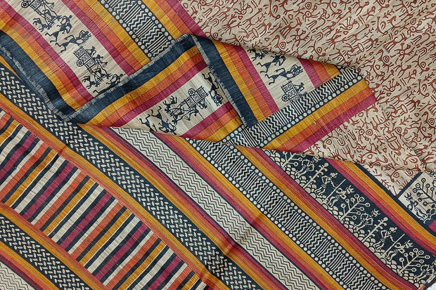 Handloom desi tussar pure silk saree in tribal art pattern