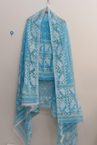 Jamdani silk cotton 2 piece salwar suit  material  in blue
