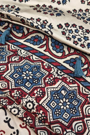 Modal silk saree in off white with plant motifs in hand block ajrakh print