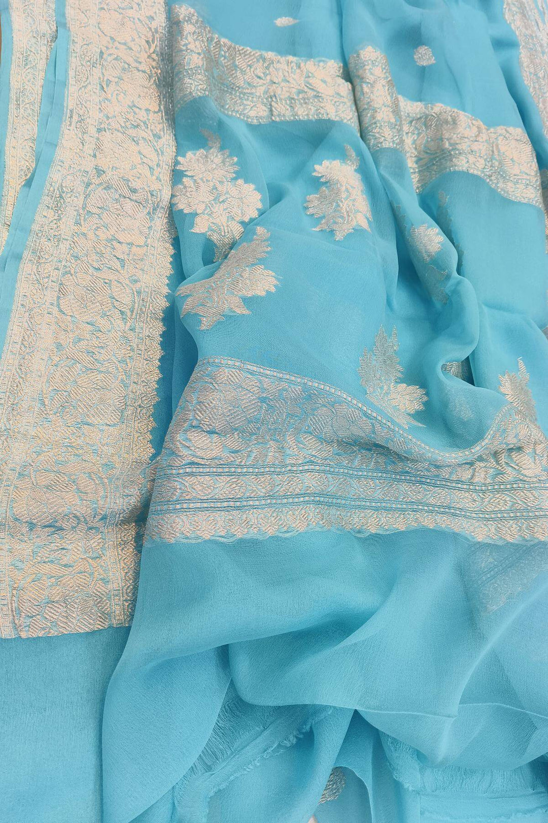 Banarasi silk chiffon saree in pool blue
