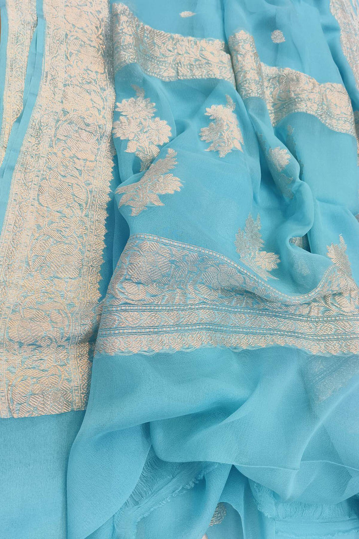 Banarasi silk chiffon saree in pool blue