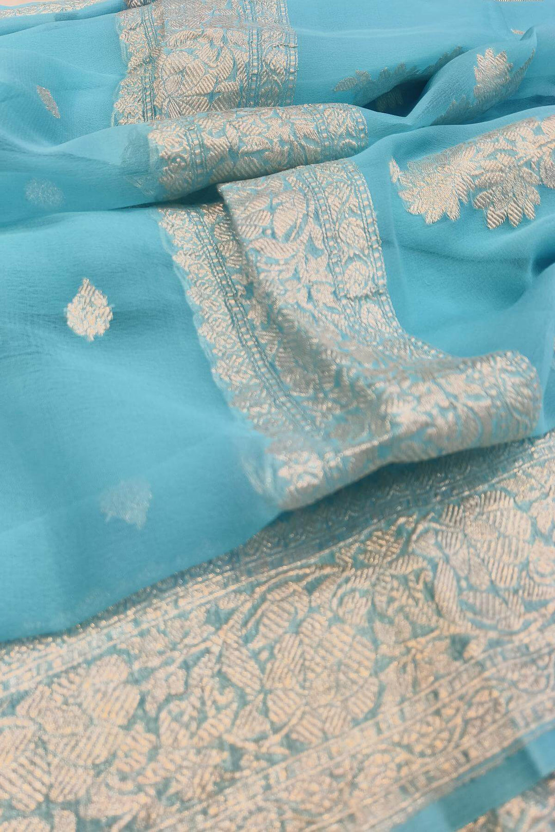 Banarasi silk chiffon saree in pool blue