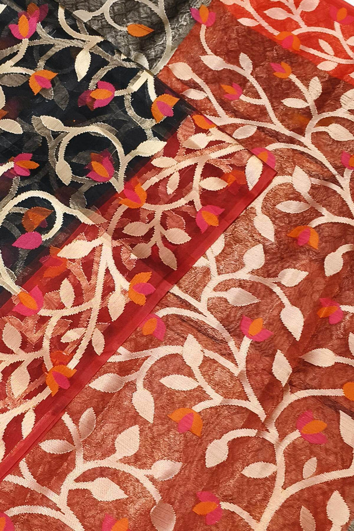 Muslin organza saree in black  & red  in jamdani weave