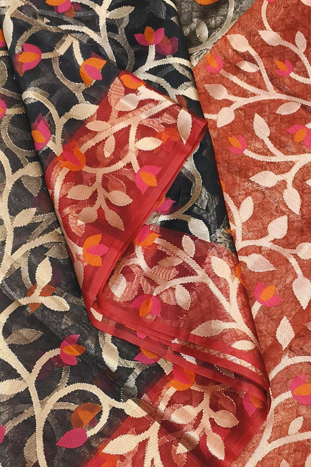 Muslin organza saree in black  & red  in jamdani weave