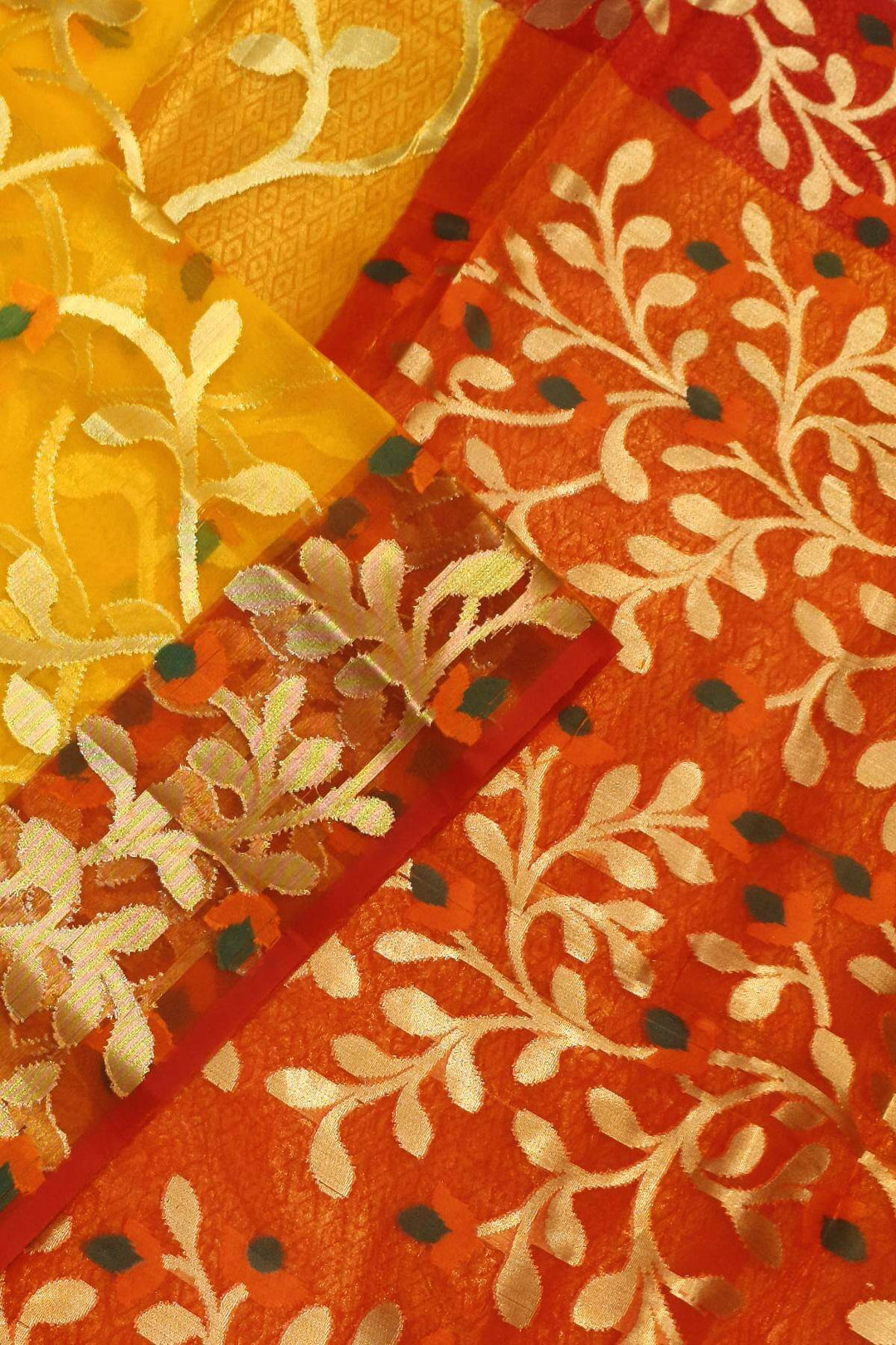 Muslin organza saree in yellow  & pink  in jamdani weave