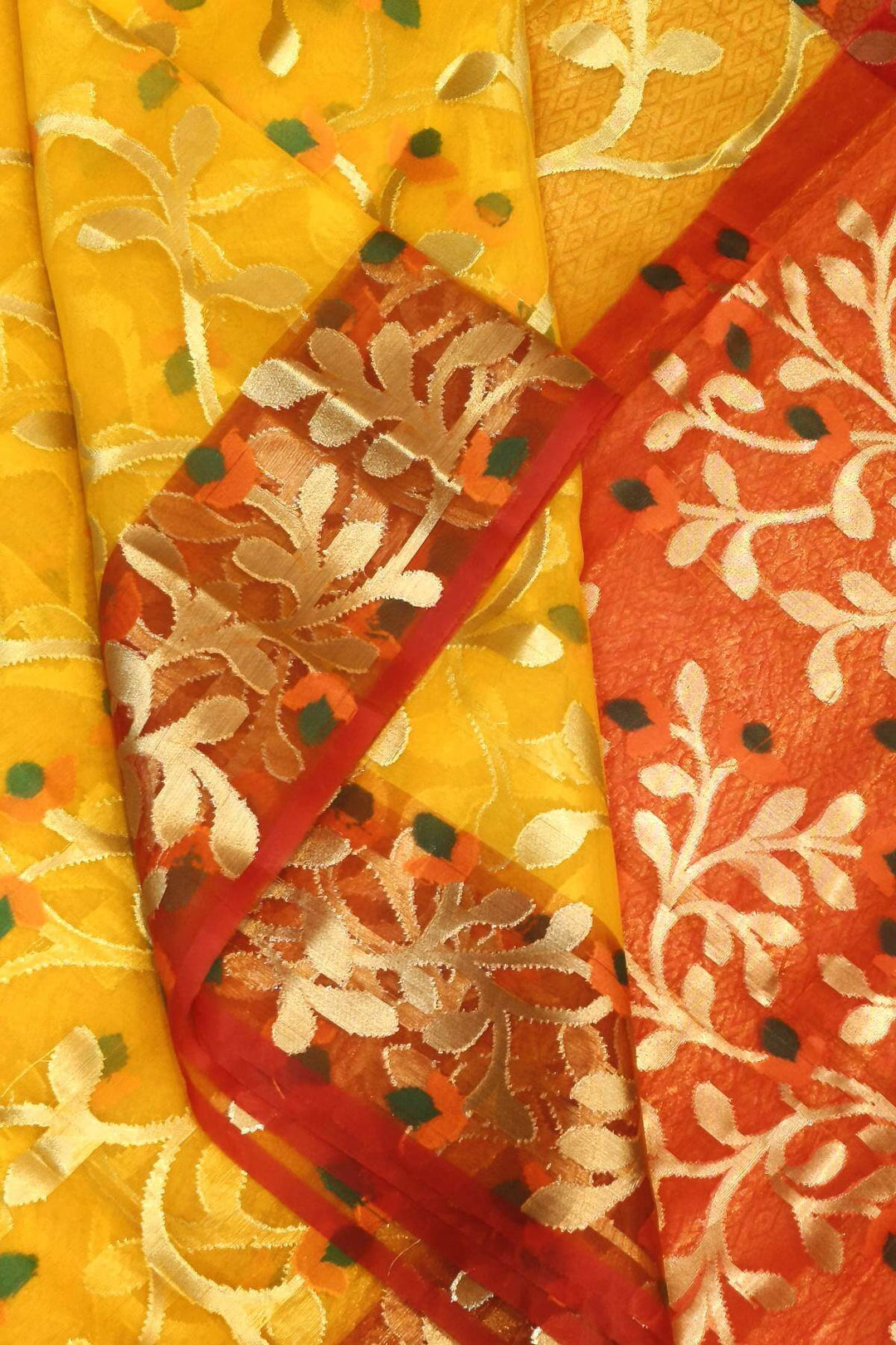 Muslin organza saree in yellow  & pink  in jamdani weave