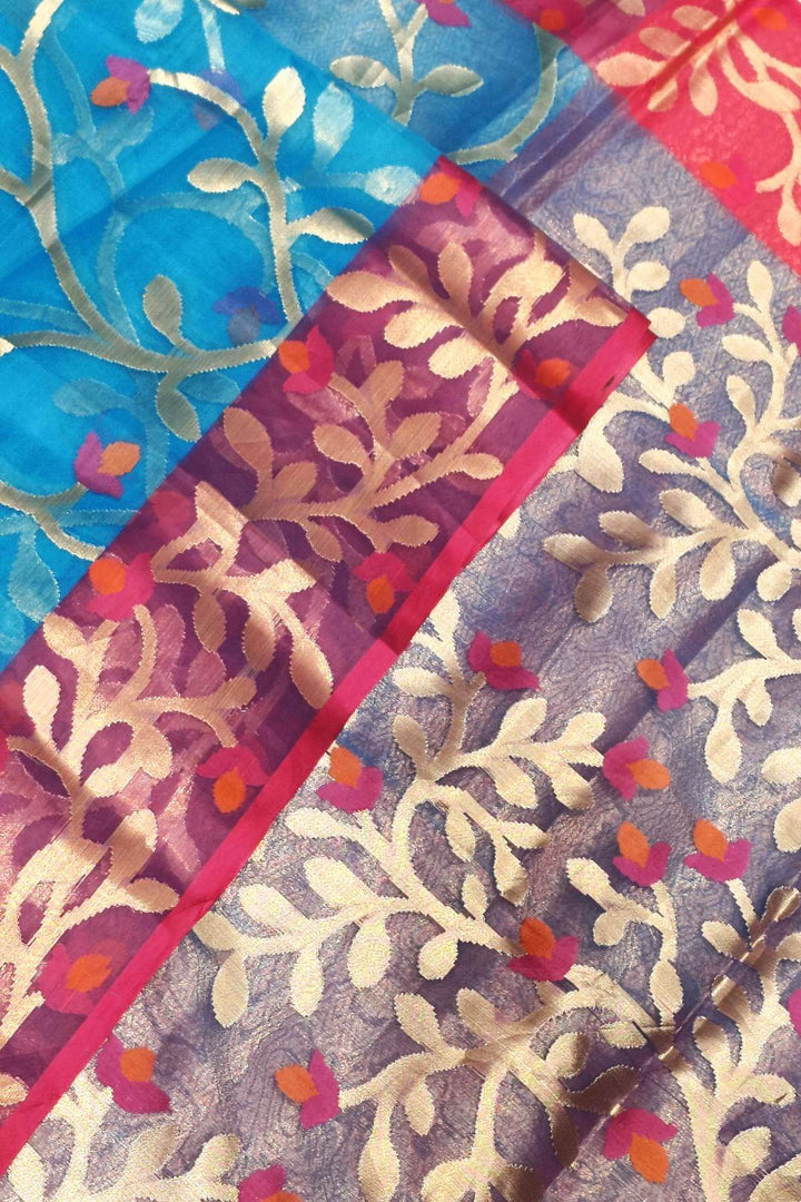 Muslin organza saree in sky blue  & pink  in jamdani weave