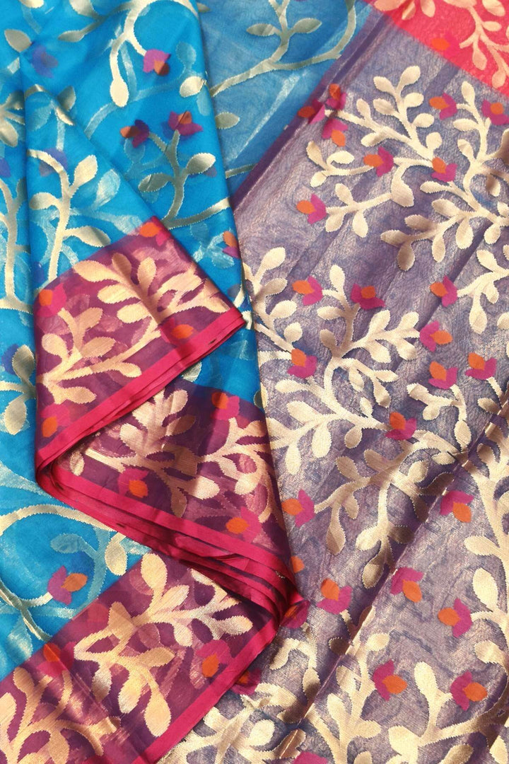 Muslin organza saree in sky blue  & pink  in jamdani weave