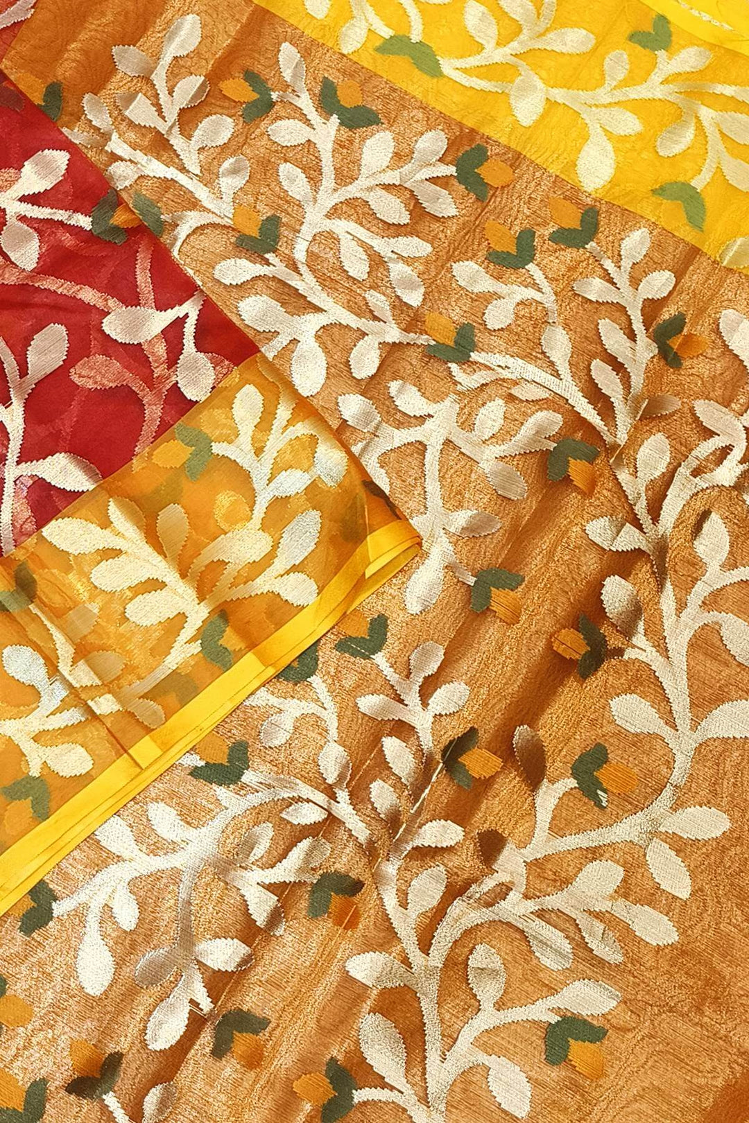 Muslin organza saree in red  & yellow  in jamdani weave