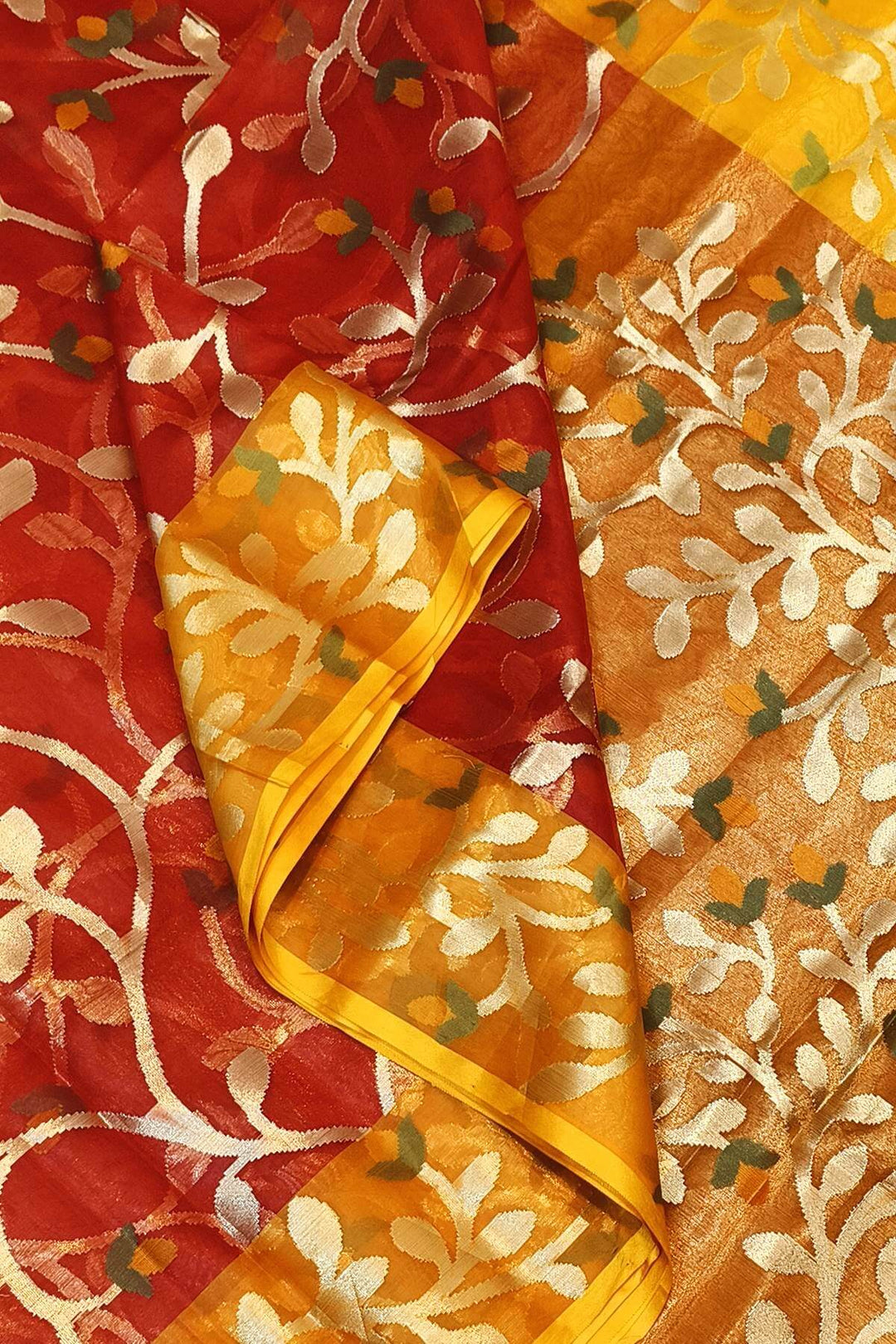 Muslin organza saree in red  & yellow  in jamdani weave