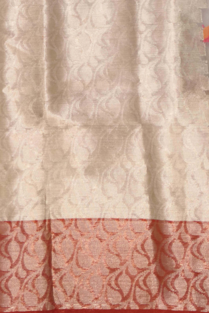 Muslin organza saree in off white & red  in jamdani weave