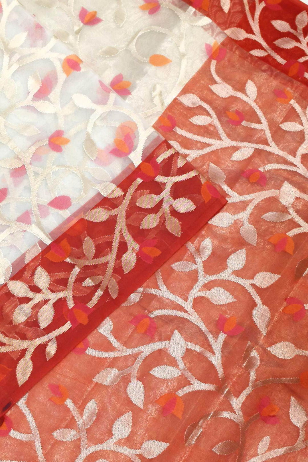 Muslin organza saree in off white & red  in jamdani weave