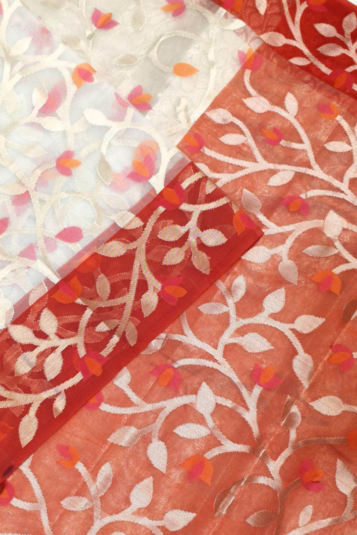 Muslin organza saree in off white & red  in jamdani weave