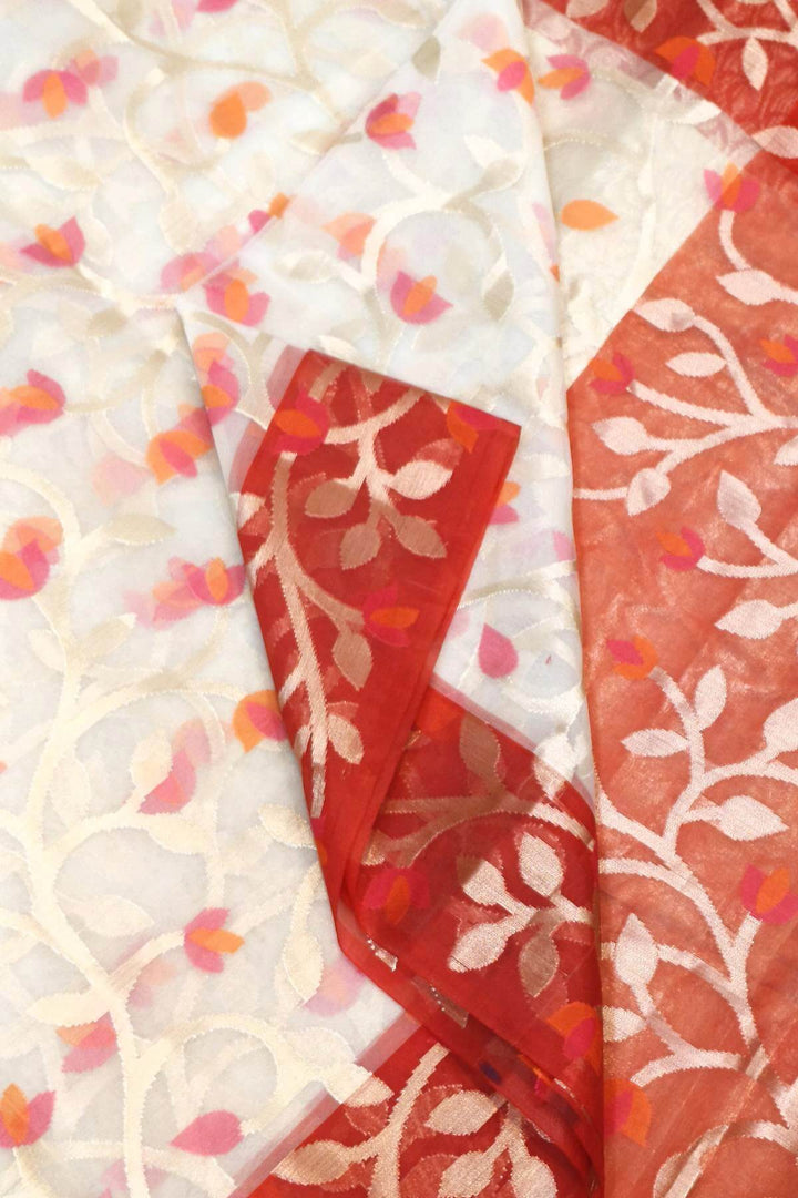 Muslin organza saree in off white & red  in jamdani weave