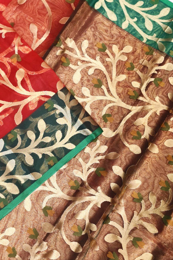 Muslin organza saree in pink  & green  in jamdani weave