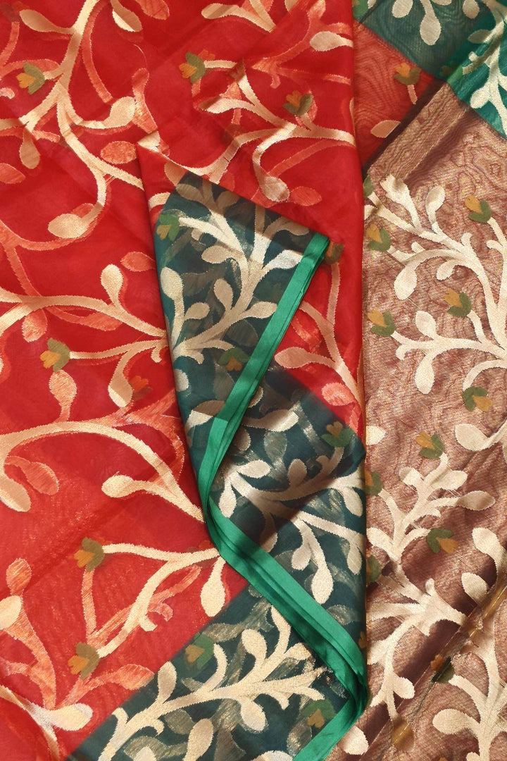 Muslin organza saree in pink  & green  in jamdani weave