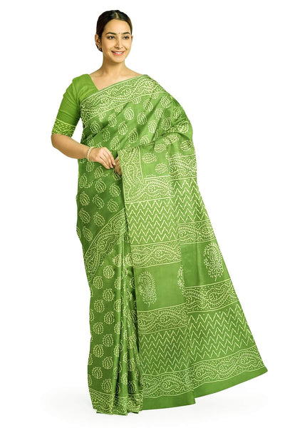 Jaipur mul cotton saree in green  with paisley motifs.