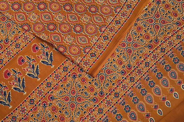 Jaipur mul cotton saree in mustard  in ajrakh pattern.