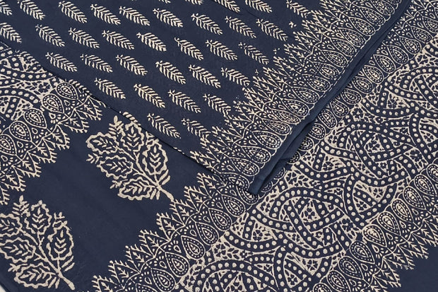 Jaipur mul cotton saree in navy blue  with fern leaf motifs