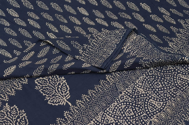Jaipur mul cotton saree in navy blue  with fern leaf motifs