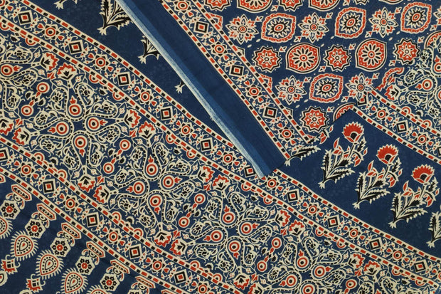 Jaipur mul cotton saree in blue  in Ajrakh  print