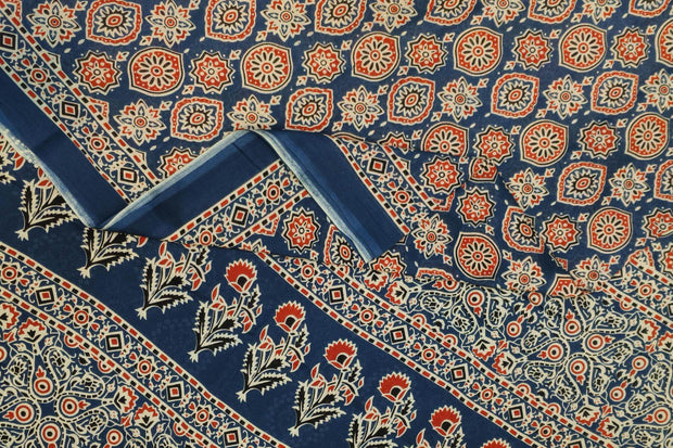 Jaipur mul cotton saree in blue  in Ajrakh  print