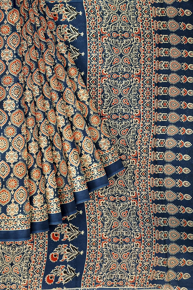 Jaipur mul cotton saree in blue  in Ajrakh  print
