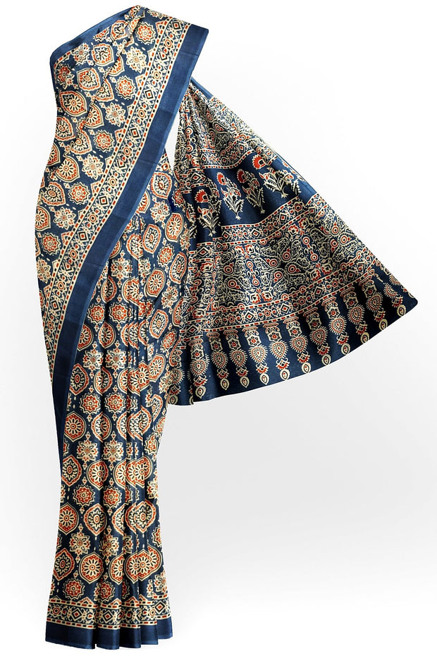 Jaipur mul cotton saree in blue  in Ajrakh  print