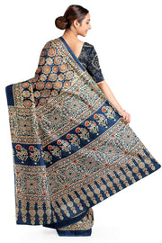 Jaipur mul cotton saree in blue  in Ajrakh  print
