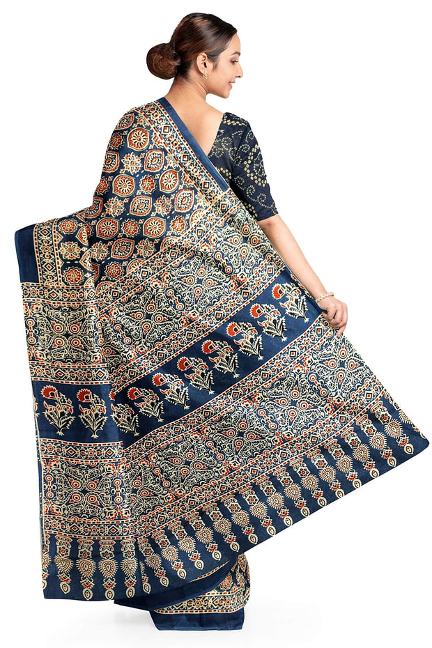 Jaipur mul cotton saree in blue  in Ajrakh  print