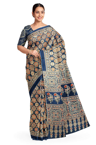 Jaipur mul cotton saree in blue  in Ajrakh  print