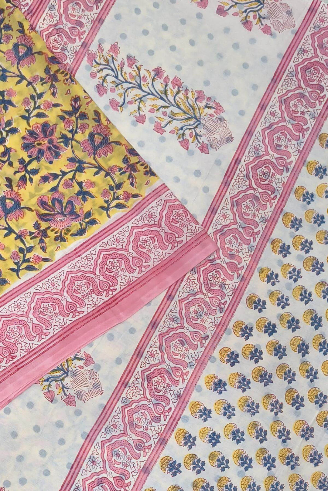 Jaipur mul cotton saree in yellow & pink